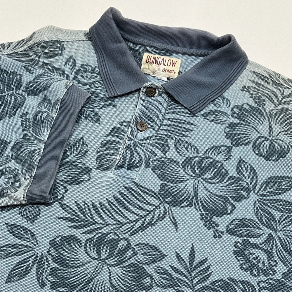VTG Bungalow Brand Mens Med Floral Polo Shirt Blue Gray Hawaiian‎ Resort Casual
